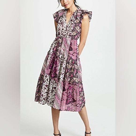 ULLA JOHNSON Asis Patchwork Batik Flutter Sleeve V-Neck Tiered Skirt Dress